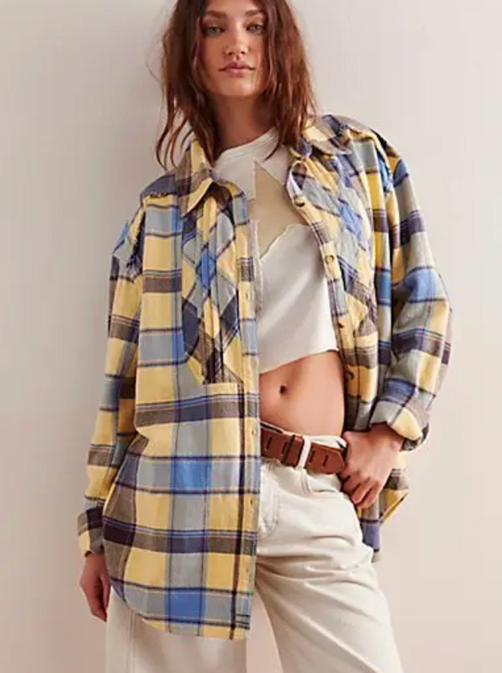 NEW FREE PEOPLE WE THE FREE YELLOW COMBO LAYLA PLAID SHIRT TOP SZ XS